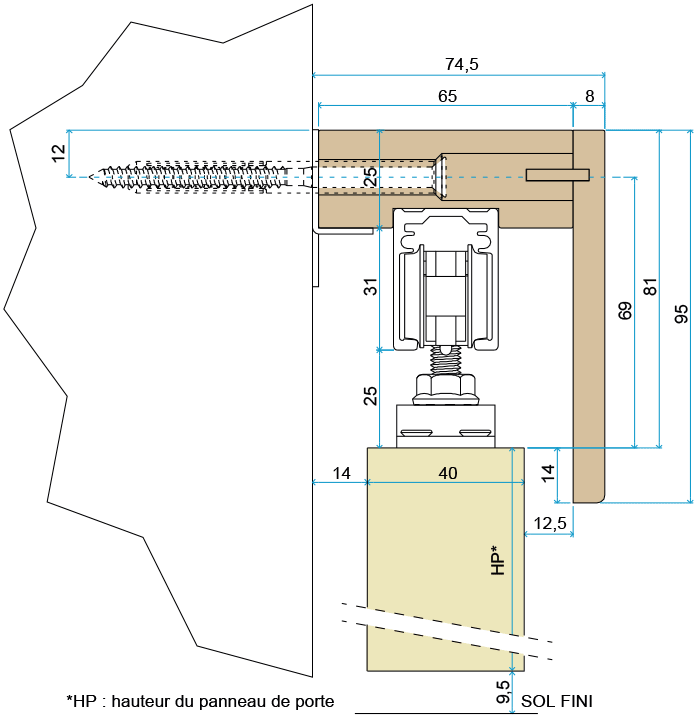 Schéma technique du rail pour porte coulissante en applique A2