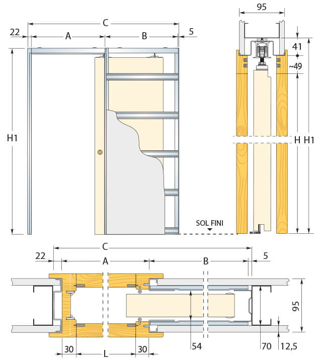 schema porte coulissante acoustique unique 43db