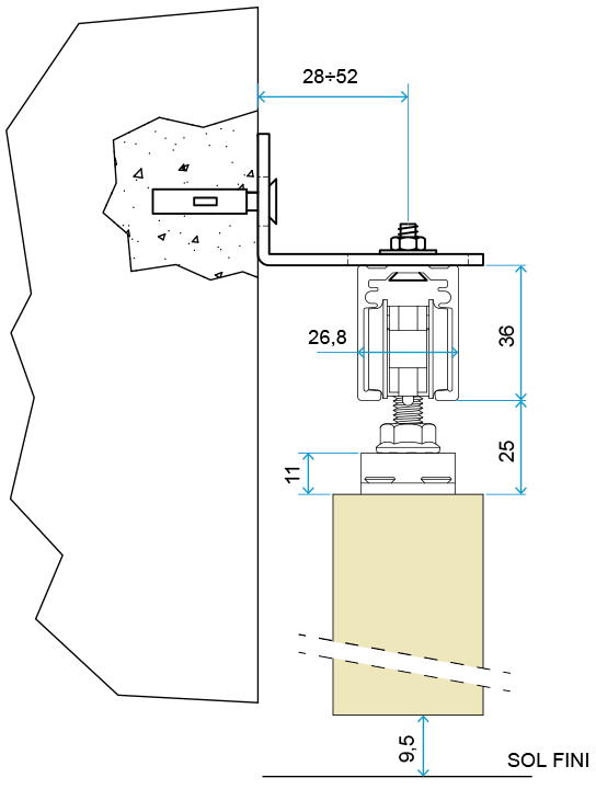 Schéma technique du rail pour porte coulissante en applique Basic