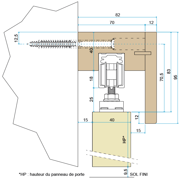 Schéma technique du rail pour porte coulissante en applique Paris