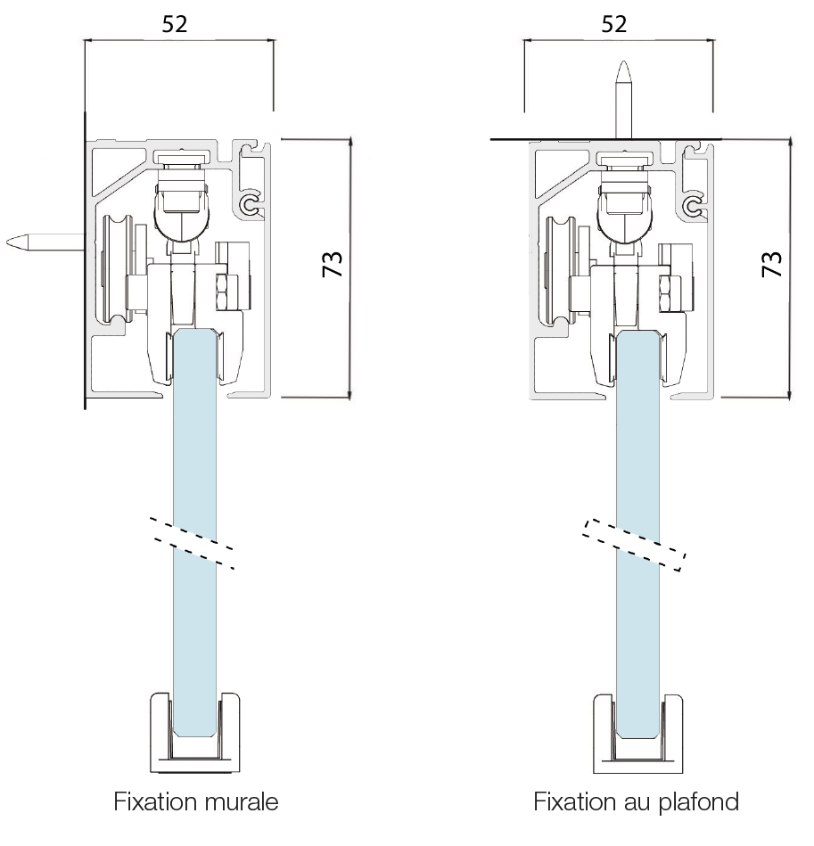 Rail K754 pour Porte Coulissante tout Verre, Pose en applique