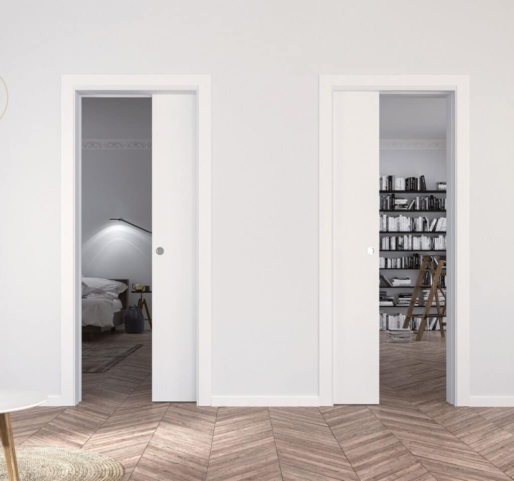 Porte coulissante deux vantaux opposés en bois par ECLISSE