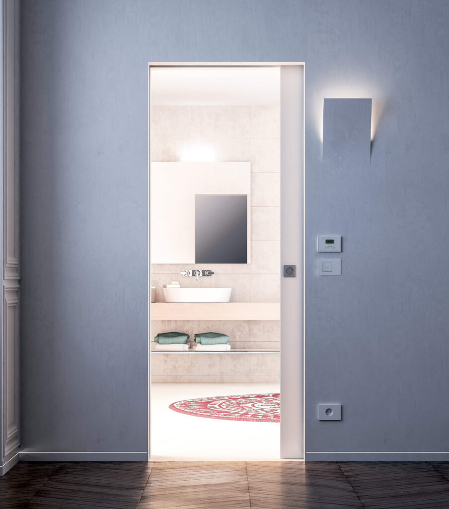 ECLISSE Syntesis Luce, porte coulissante à fleur de mur avec points lumineux et prises