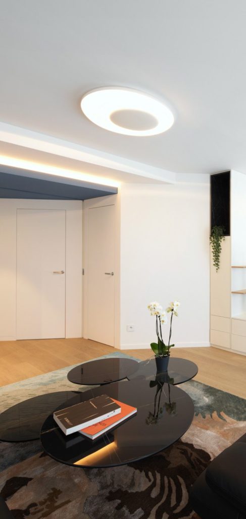 Vue du salon qui mène vers le couloir. Celui-ci est desservi par plusieurs portes Syntesis® Battant de chez Eclisse. Projet architecture d'intérieur du cabinet Archimel