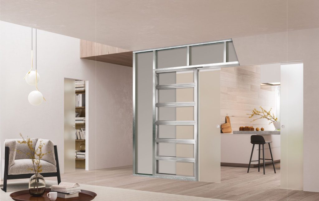Portes coulissantes invisibles Syntesis Line et Syntesis Line Extension ambiance salon et cuisine.