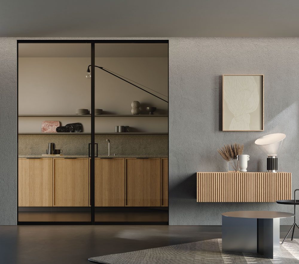 Portes coulissantes invisibles double vantaux Syntesis Line Extension porte verre et aluminium.