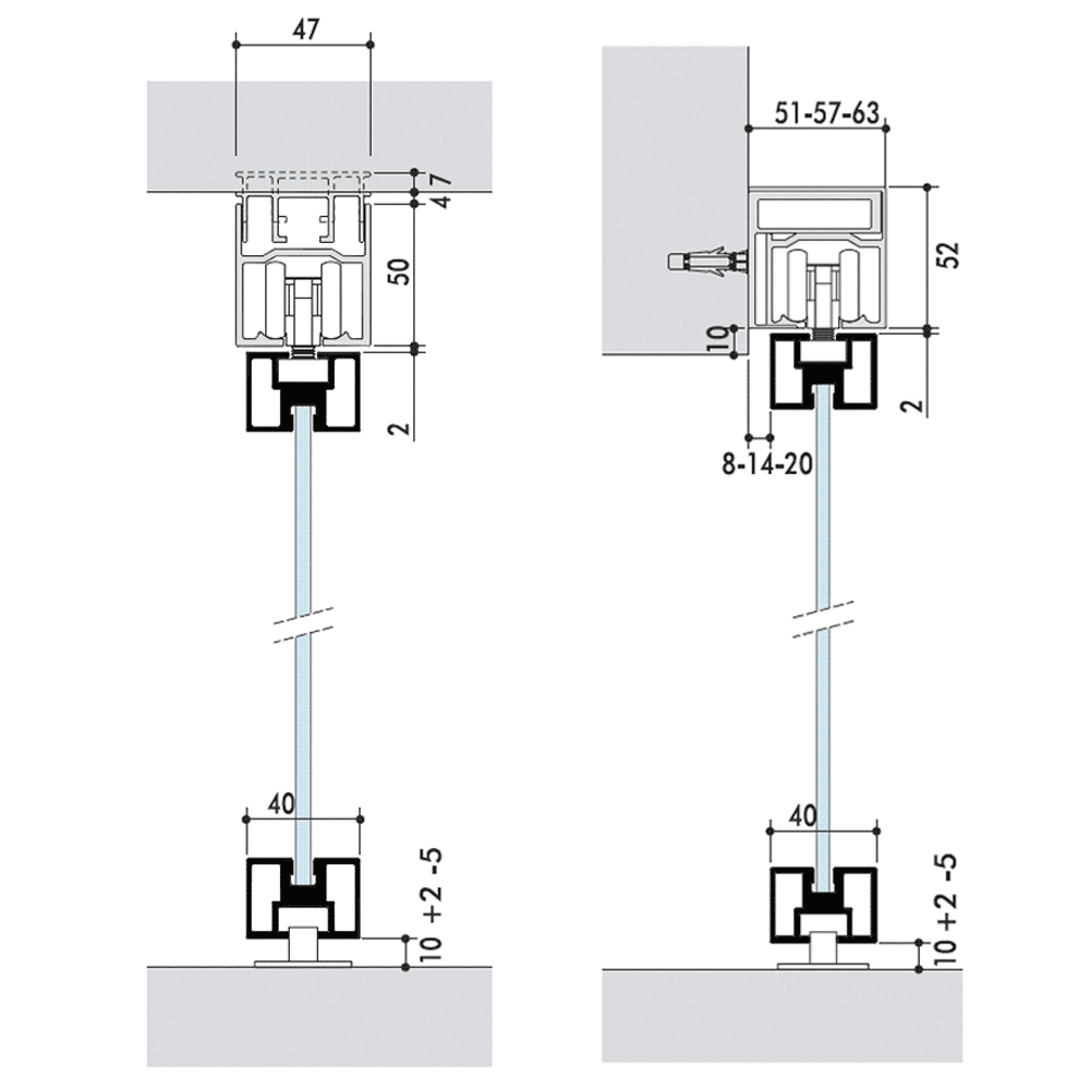 schéma technique rail en applique ou au plafond Bora porte coulissante verre et aluminium
