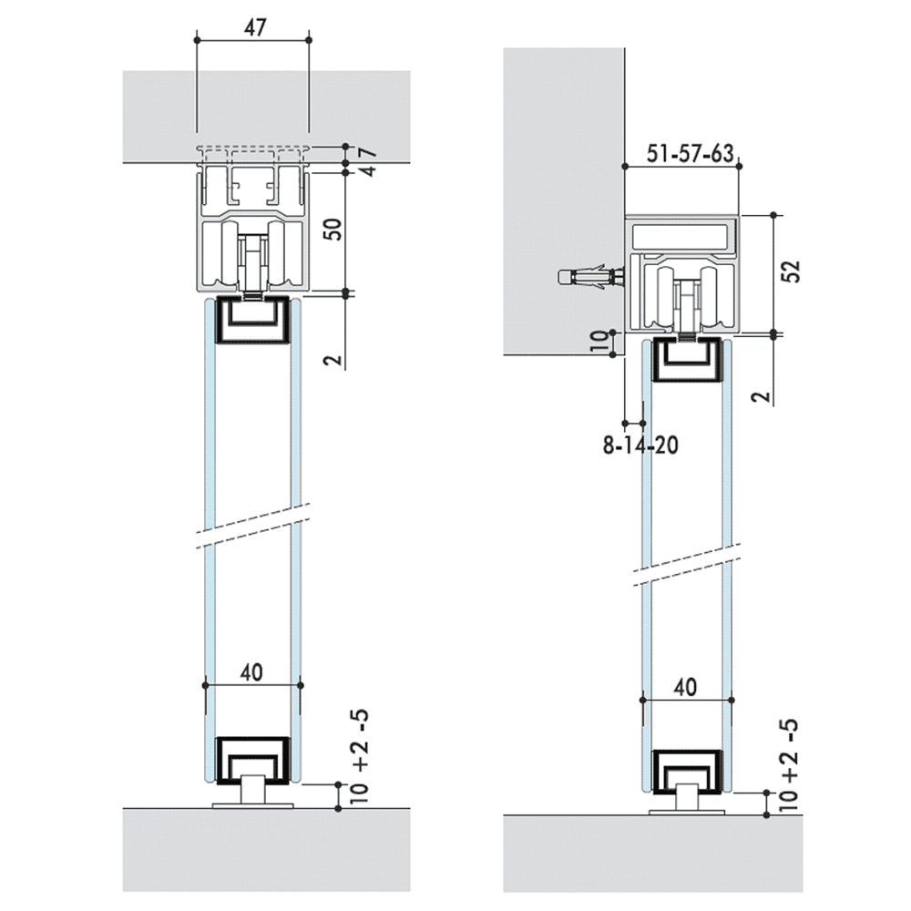 schéma technique rail en applique ou au plafond Paio porte coulissante verre et aluminium