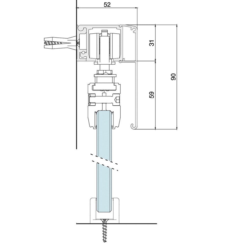 schéma technique rail en applique K751 porte coulissante tout verre