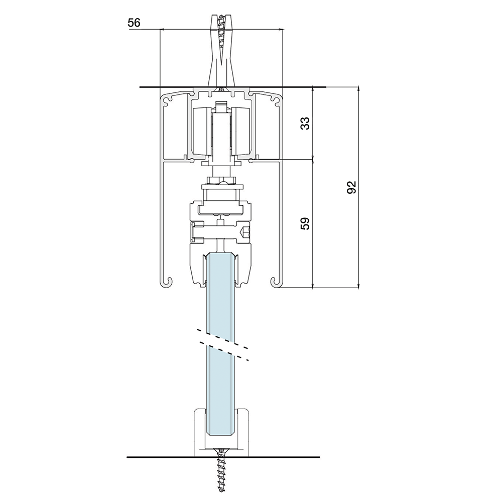 schéma technique rail au plafond K752 porte coulissante tout verre