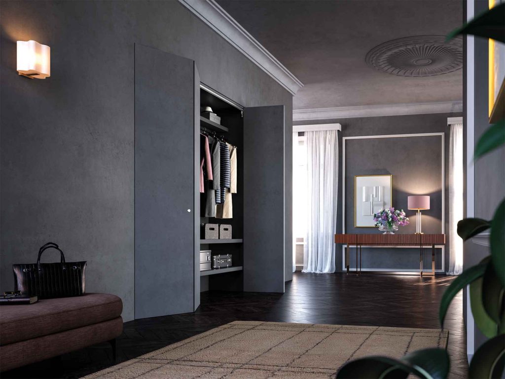 Bloc-porte de placard invisible Syntesis Areo, version pliante dans un dressing ouvert